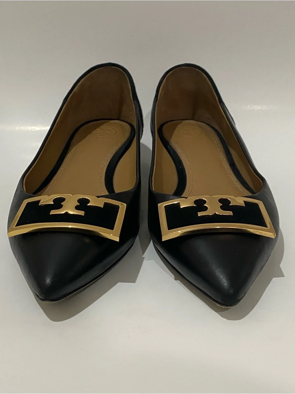 Tory Burch Jessa Black Gold Pointed Toe Logo Buckle Flats Leather Suede